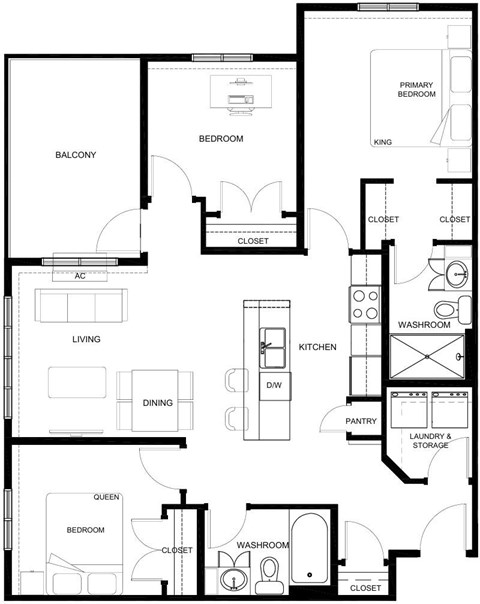 Floor plan for 3 beds, 2 baths, 1049 sqft